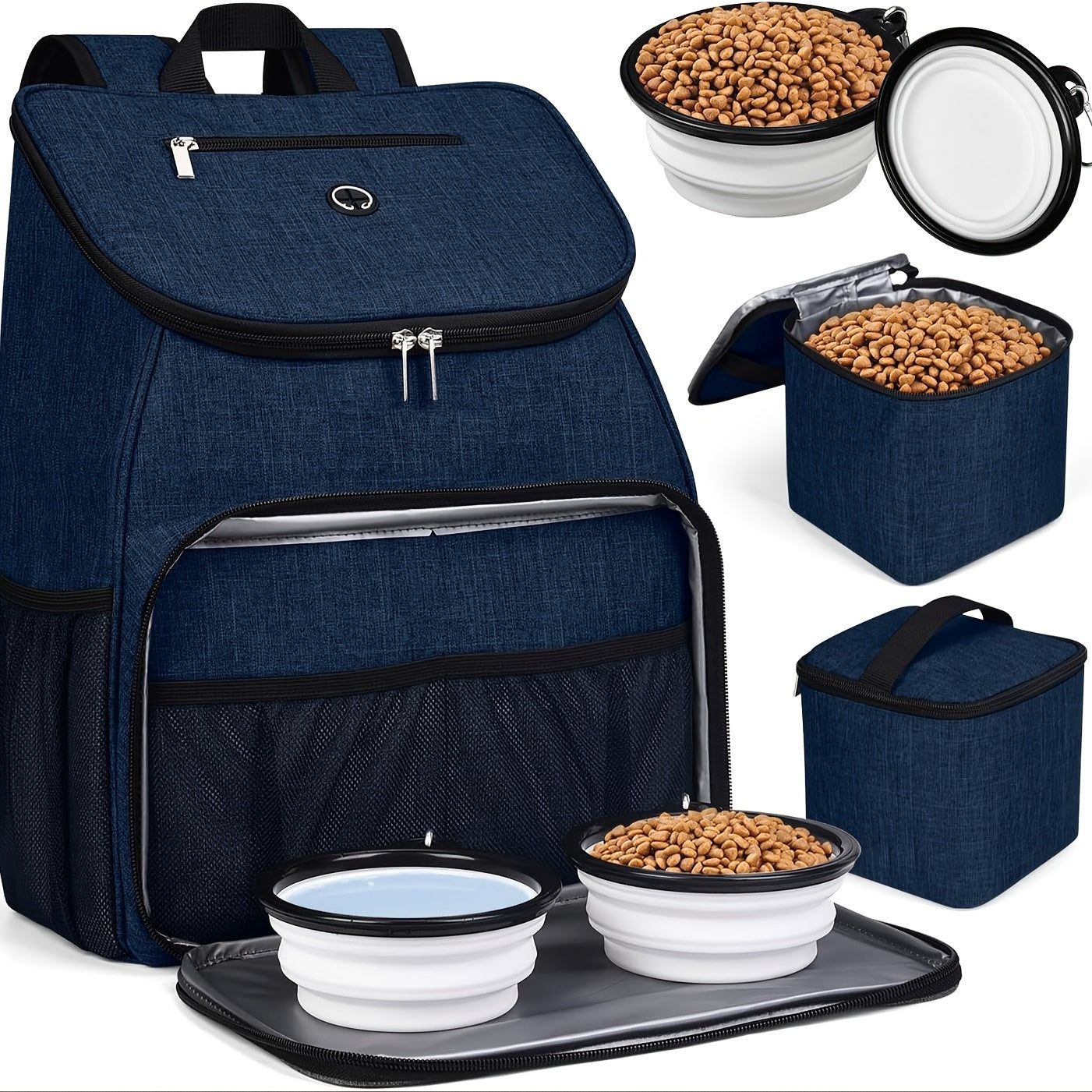 Pet Travel Bag, Double-Layer Backpack Pet With 2 Silicone Collapsible Bowls And 2 Food Baskets