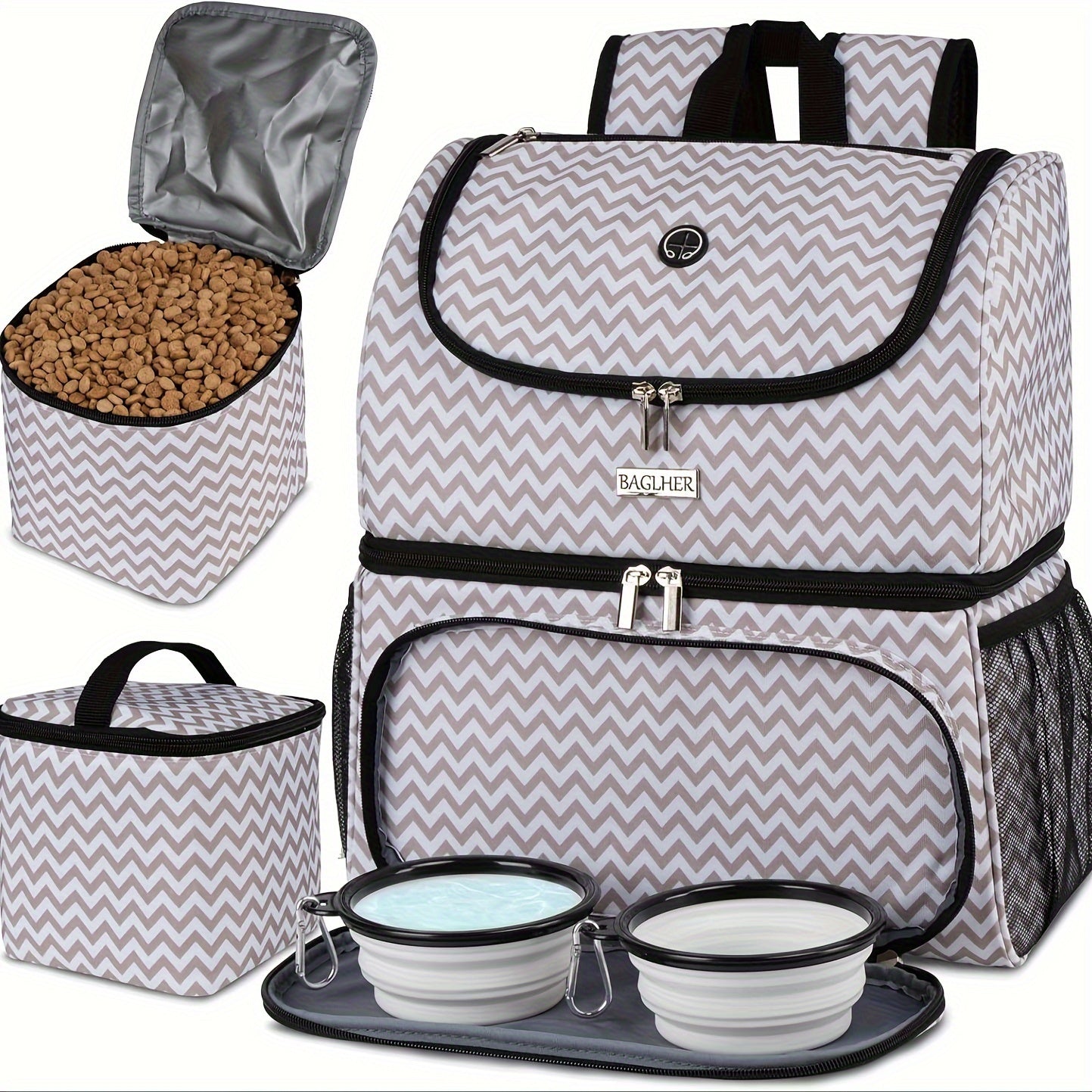 Pet Travel Bag, Double-Layer Backpack Pet With 2 Silicone Collapsible Bowls And 2 Food Baskets