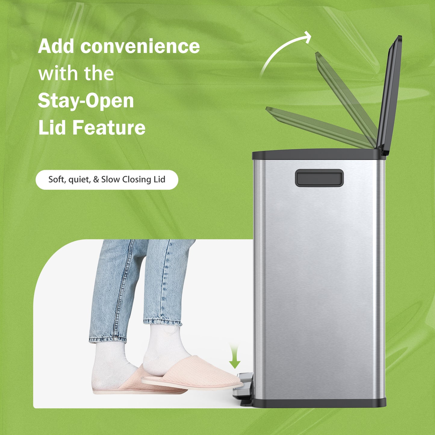60L Trash Can with Lid, Silver Modern Kitchen Trash Can with Recycling Ladder