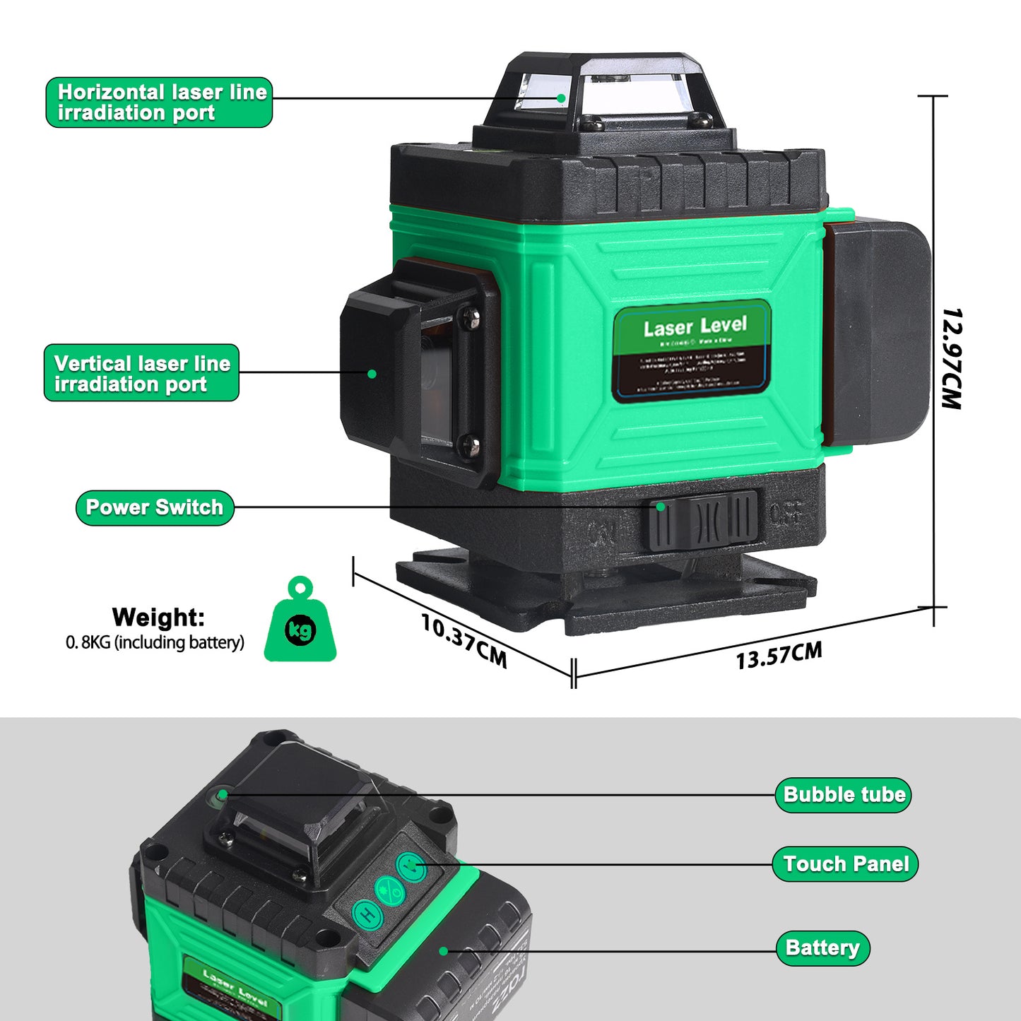4D Green Laser Level with Self-Leveling, 360° Rotary Cross Lines, Dual Batteries, Remote Control