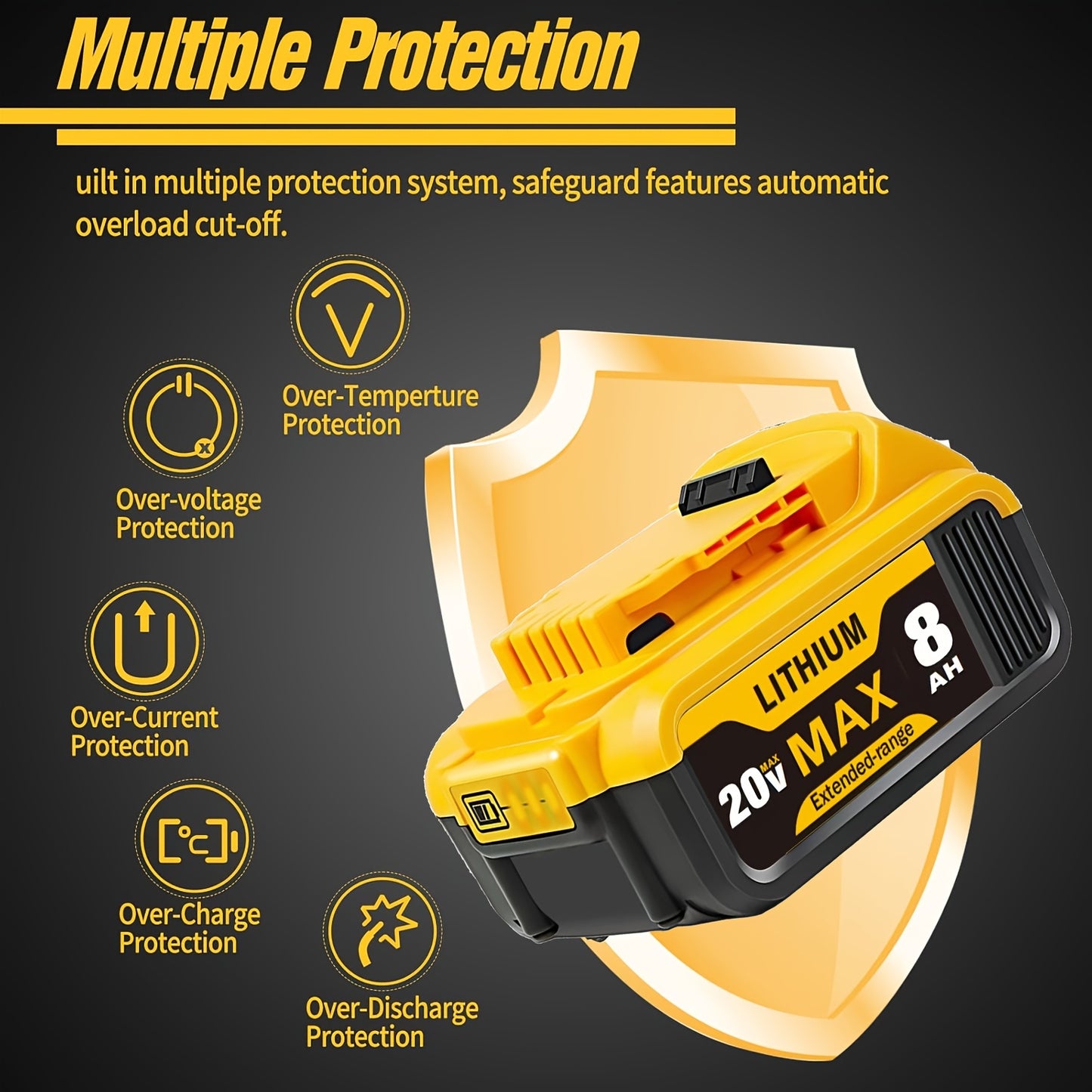 1/2/4pcs 8.0Ah 20V Lithium Ion Battery Replacement For Dewalt 20v Battery Compatible With Dewalt 20V Battery DCB206 DCB204 DCB200 DCB180 Series