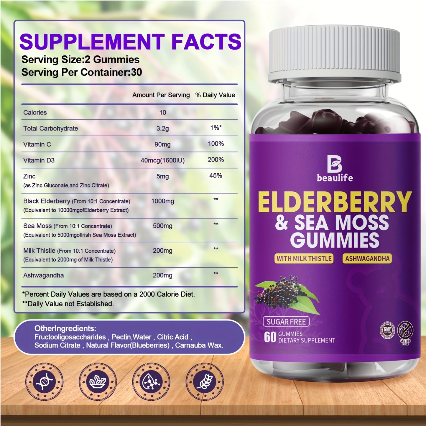 3 Bottle Elderberry & Sea Moss Gummies, Black Sambucus Elderberry with Zinc And Vitamin C, D3, Milk Thistle, Ashwagandha, Elderberry Gummy