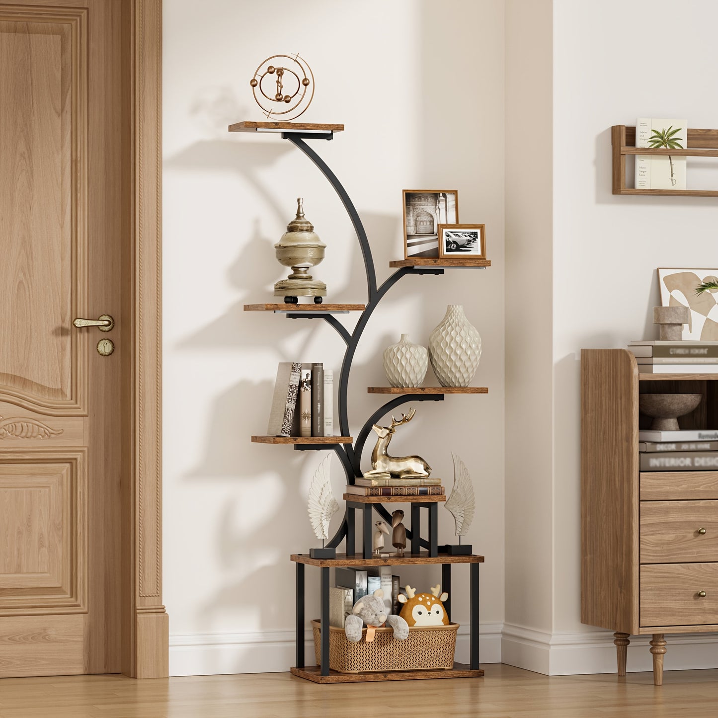 8 Tier Corner Shelf 6'2' tall oak and Metal Material LED Light, Multifunctional Storage Rack