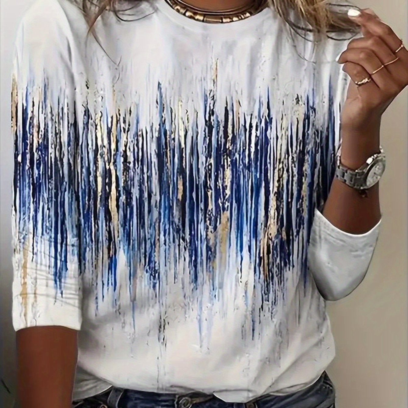 Women's Blue And Gold Abstract Print Long Sleeve Casual T-Shirt .