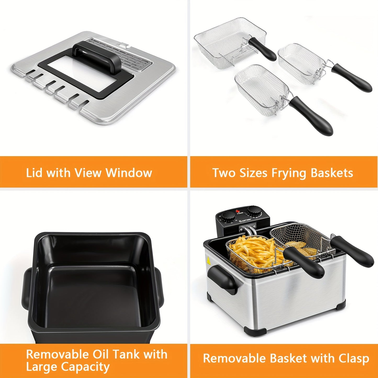 Stainless Steel Electric Deep Fryer - 5.3QT/21-Cup Triple Basket