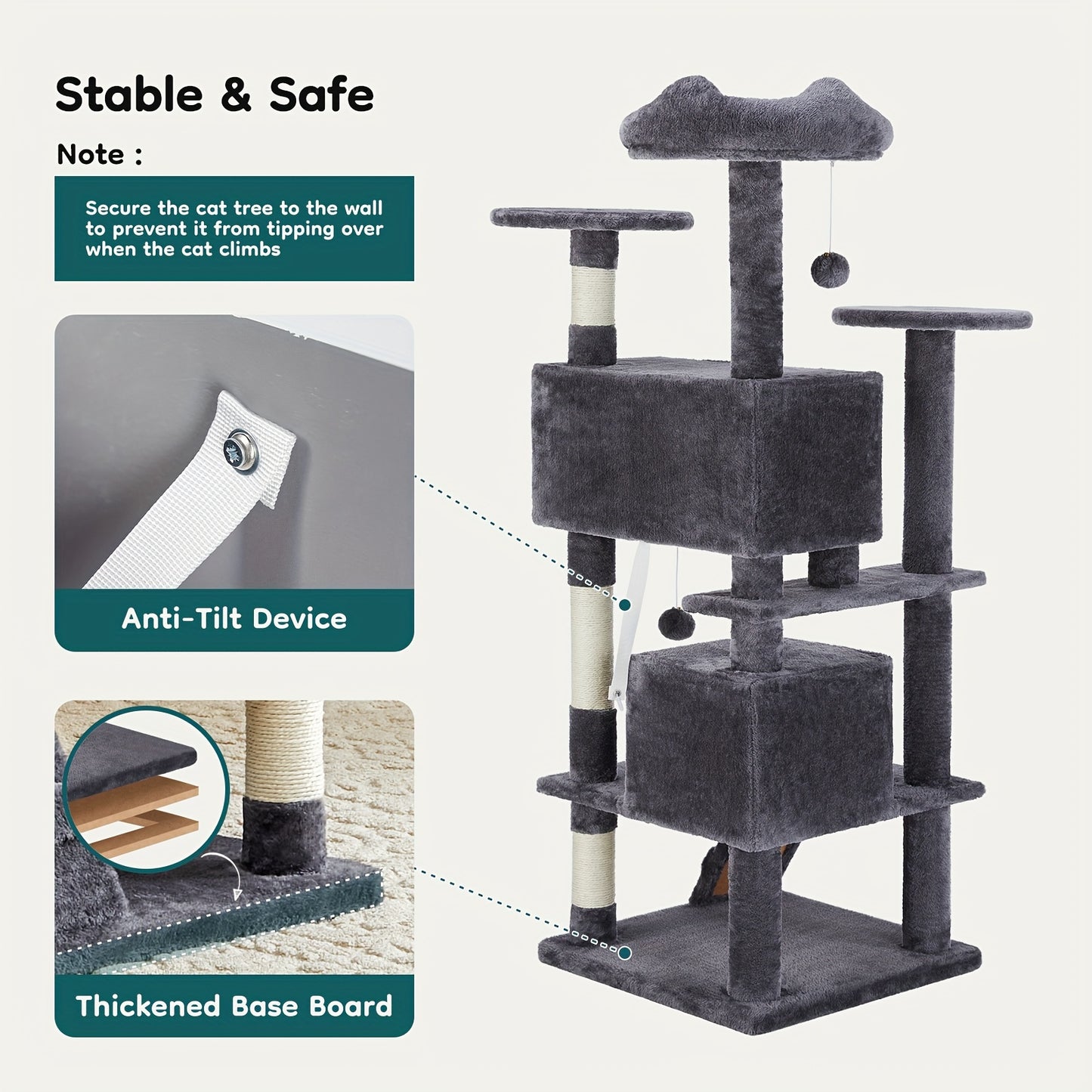 54in Cat Tree Tower, Multi-Level Plush Pet Furniture Large Condo, Climbing Ladder, Rest with Anti-tilt Device
