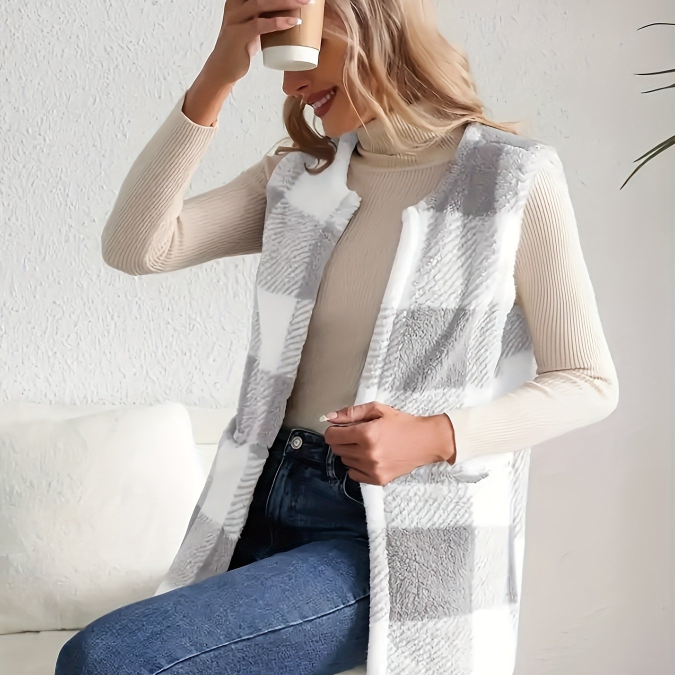Soft Plaid Cozy Vest - Sleeveless, Open Front Design for Fall and Winter .