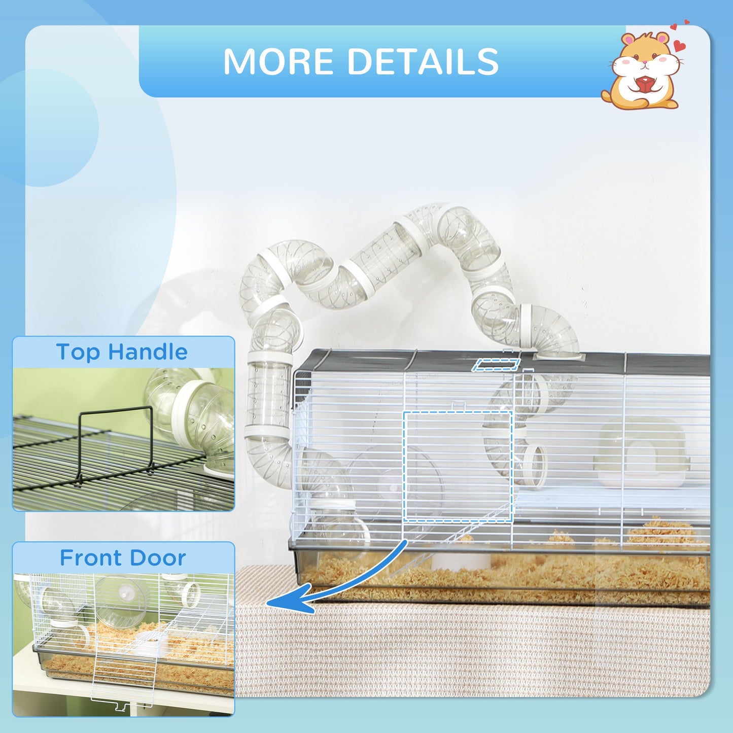 Hamster Cage, 2 Levels Gerbil Cage, Small Animal Cage with Tubes and Tunnels and Exercise Wheel.