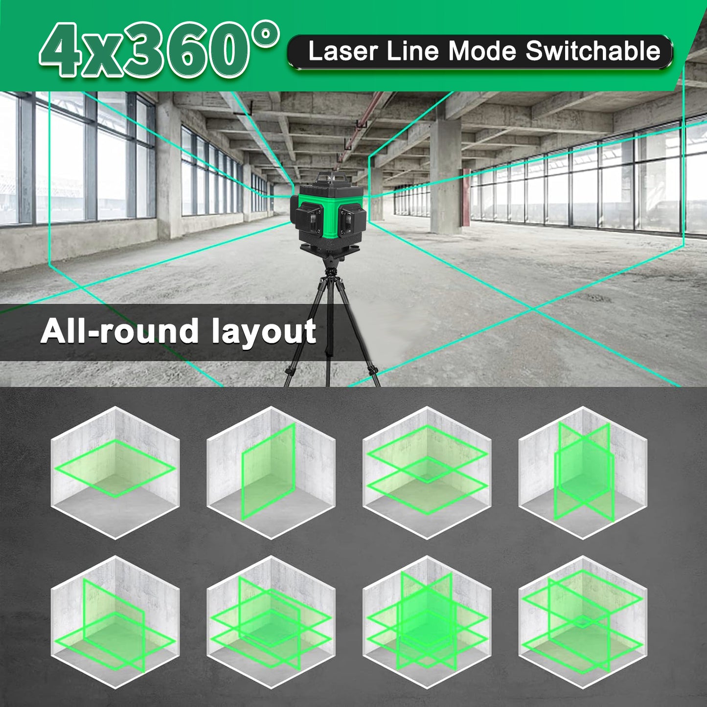 4D Green Laser Level with Self-Leveling, 360° Rotary Cross Lines, Dual Batteries, Remote Control
