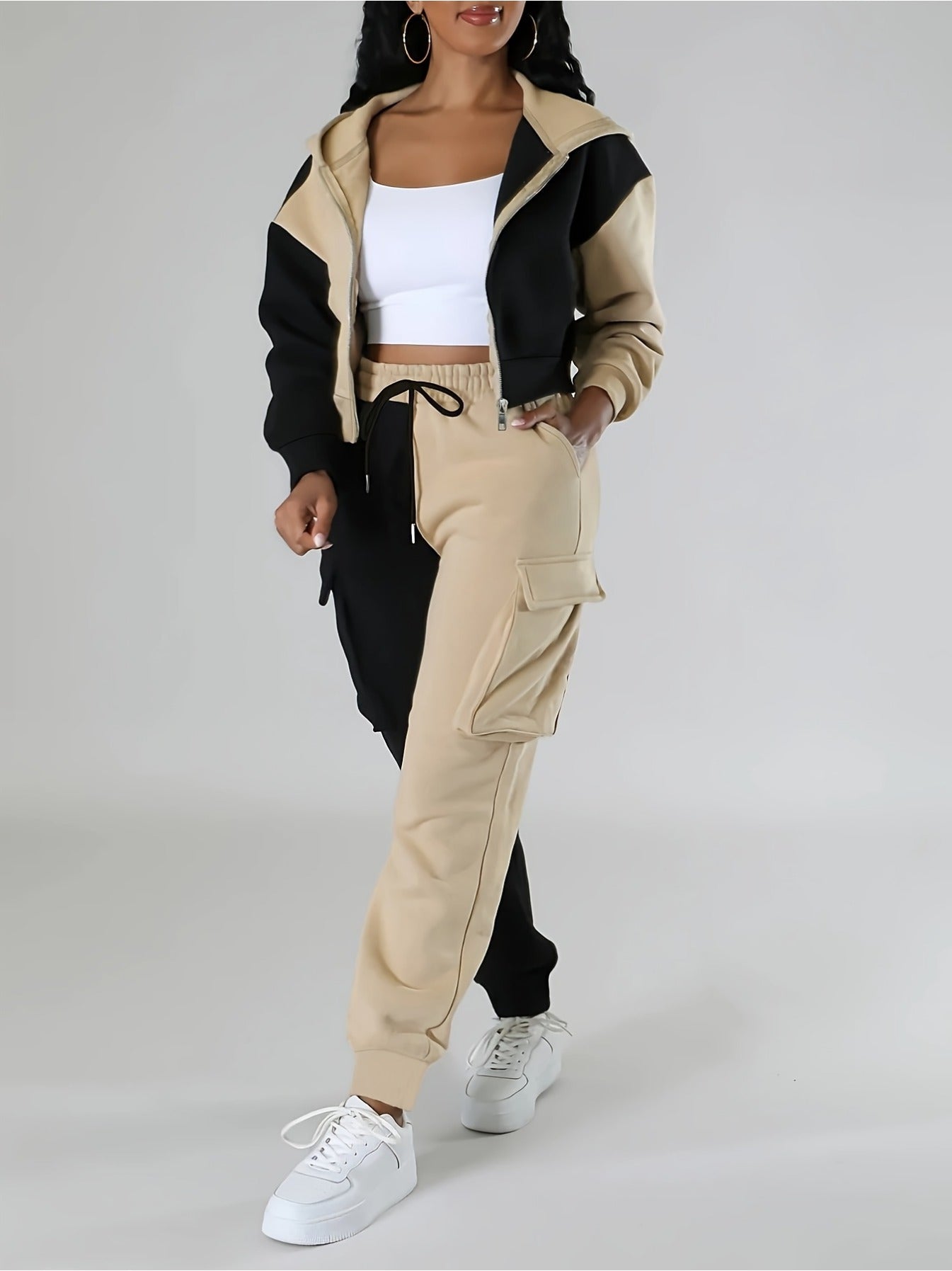 Women's Casual Knitwear Set - Color Block Hoodie & Drawstring Pants, Machine Washable