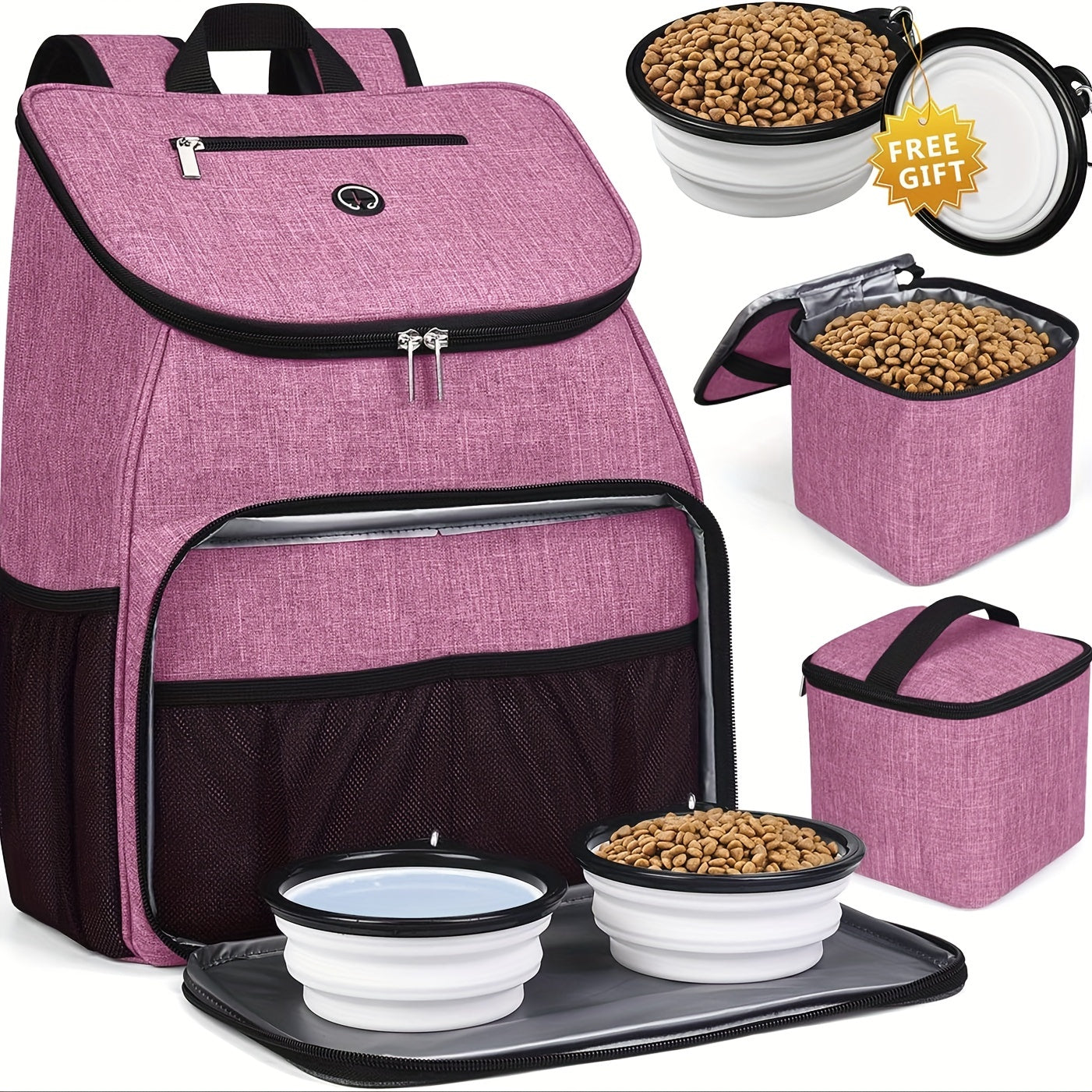 Pet Travel Bag, Double-Layer Backpack Pet With 2 Silicone Collapsible Bowls And 2 Food Baskets