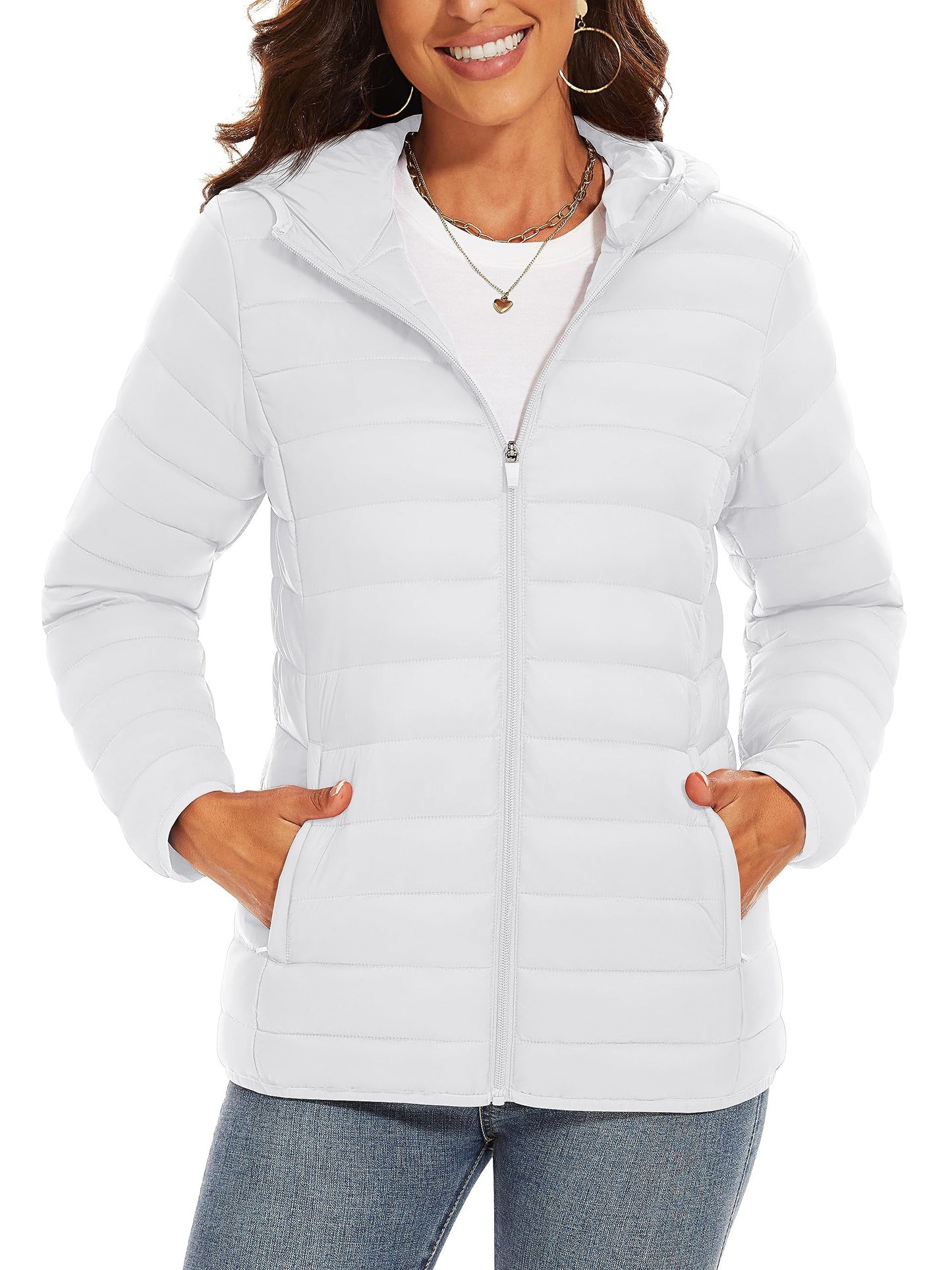 4 Pockets Water Resistant Women's Hooded Puffer Jackets