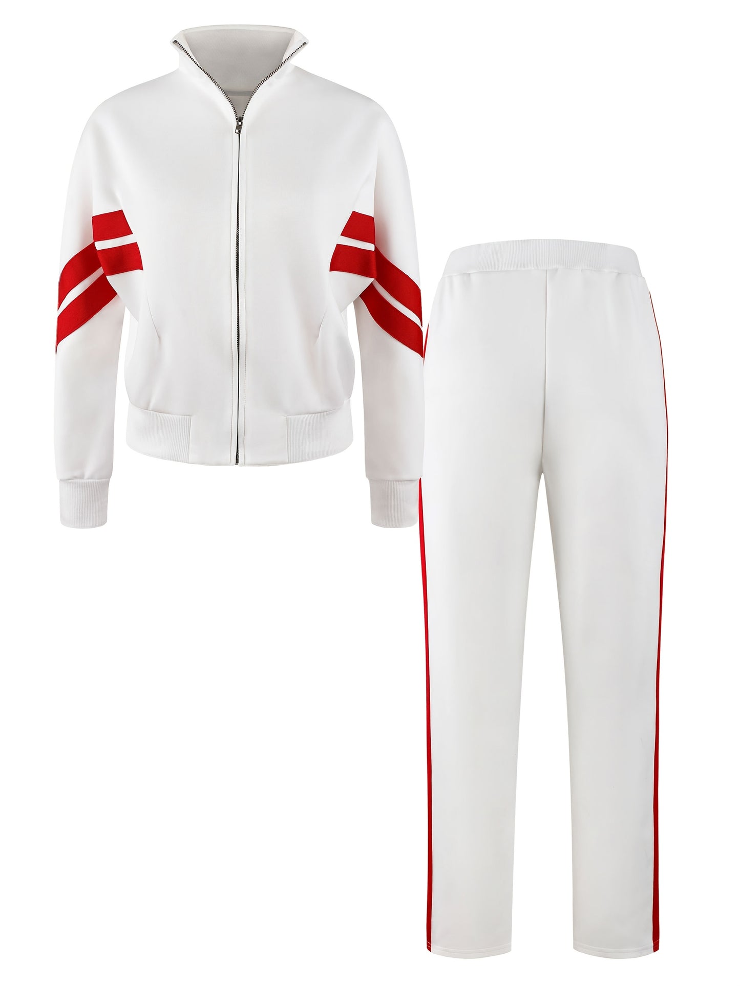 Long Sleeve Zip Up Jacket & Loose Pants Outfits, Trendy Contrast Trim