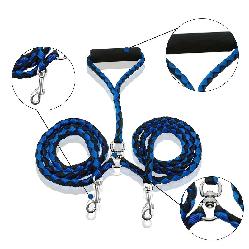 Heavy Duty Braided Double Dog Leash - Tangle-Free, Strong Nylon with Comfortable Handle for Walking .