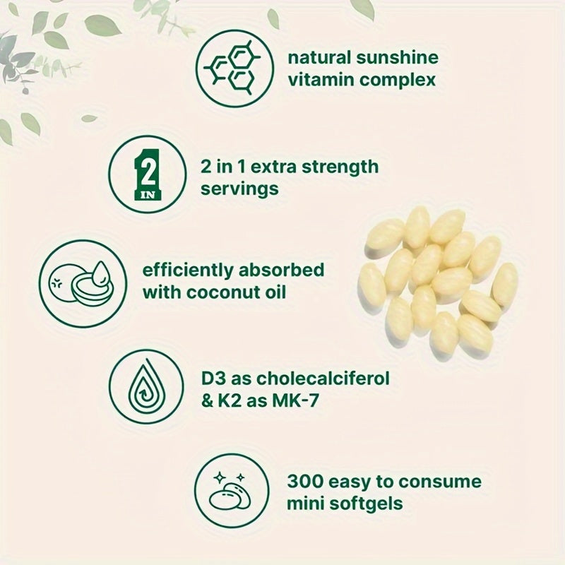 Vitamin D3 & K2 Supplement Soft Capsules, 300 Capsules, 1 Capsule Per Day