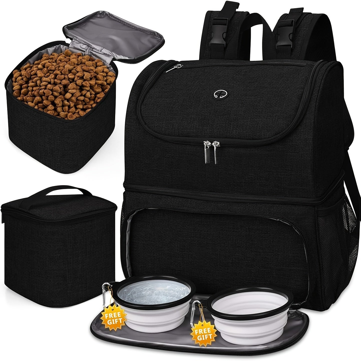 Pet Travel Bag, Double-Layer Backpack Pet With 2 Silicone Collapsible Bowls And 2 Food Baskets