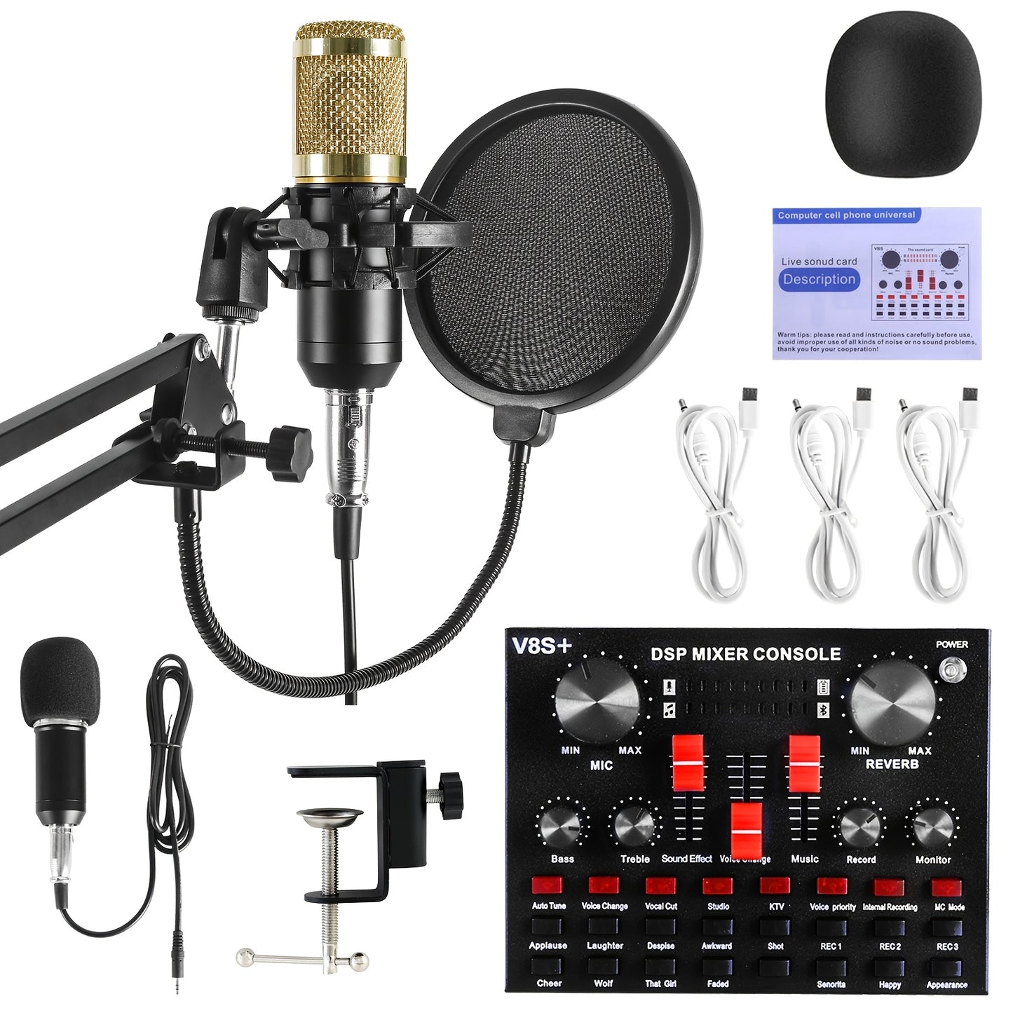 Large Diaphragm Condenser Microphone Bundle: Premium XLR Podcast with Live Sound Card for Studio Recording & Broadcasting