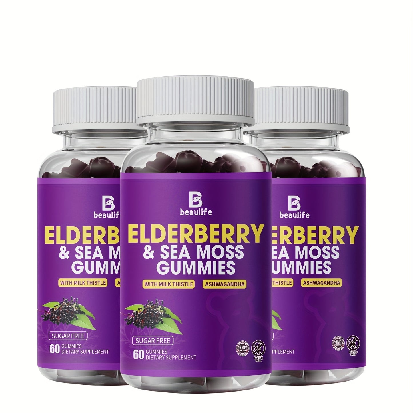 3 Bottle Elderberry & Sea Moss Gummies, Black Sambucus Elderberry with Zinc And Vitamin C, D3, Milk Thistle, Ashwagandha, Elderberry Gummy