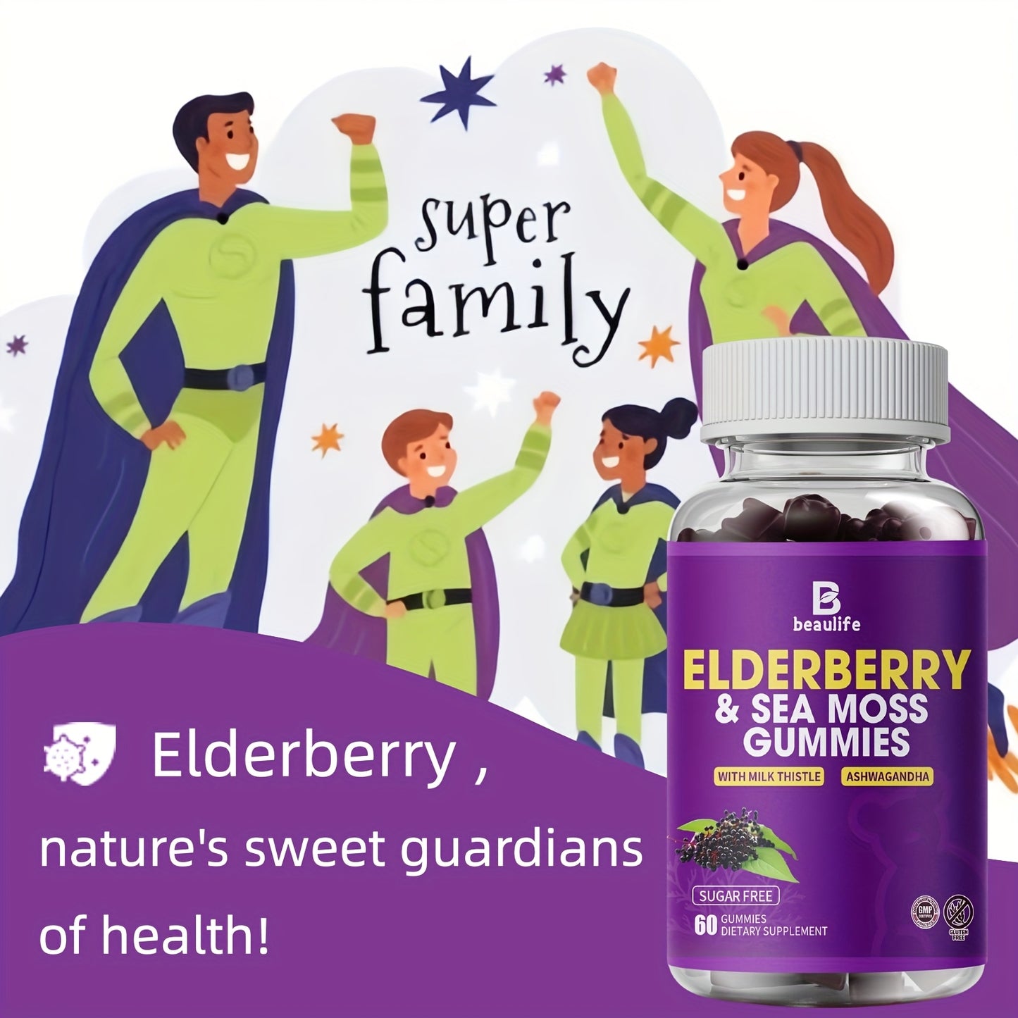 3 Bottle Elderberry & Sea Moss Gummies, Black Sambucus Elderberry with Zinc And Vitamin C, D3, Milk Thistle, Ashwagandha, Elderberry Gummy
