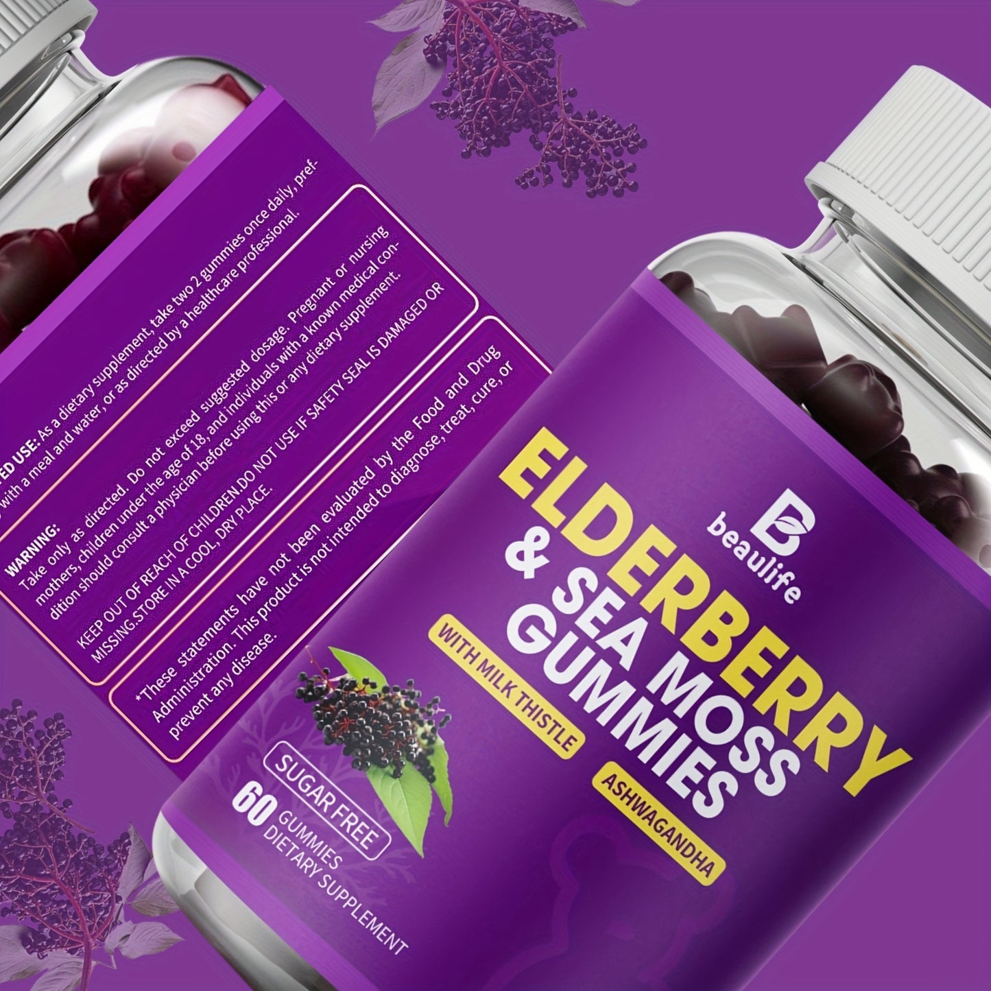 3 Bottle Elderberry & Sea Moss Gummies, Black Sambucus Elderberry with Zinc And Vitamin C, D3, Milk Thistle, Ashwagandha, Elderberry Gummy