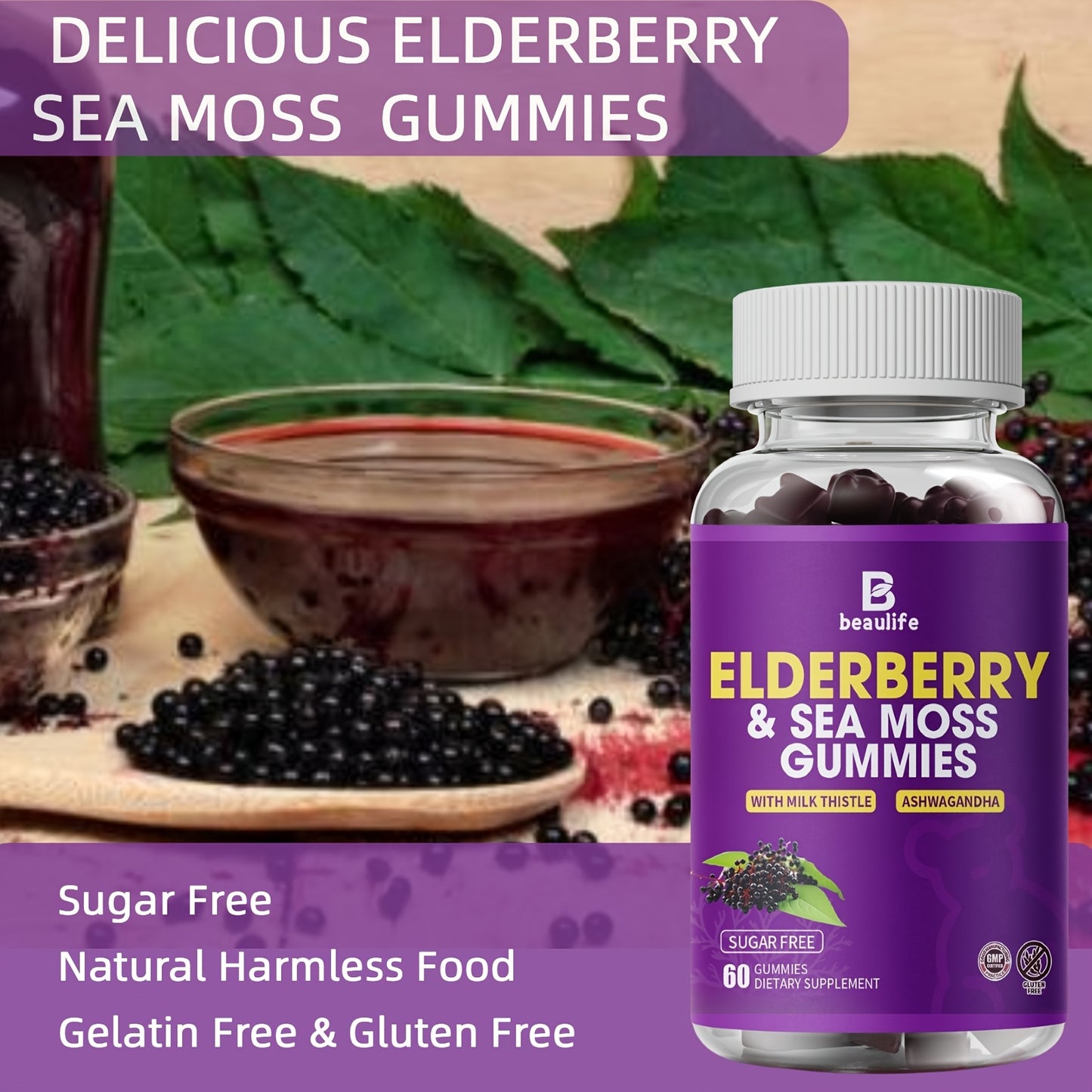 3 Bottle Elderberry & Sea Moss Gummies, Black Sambucus Elderberry with Zinc And Vitamin C, D3, Milk Thistle, Ashwagandha, Elderberry Gummy