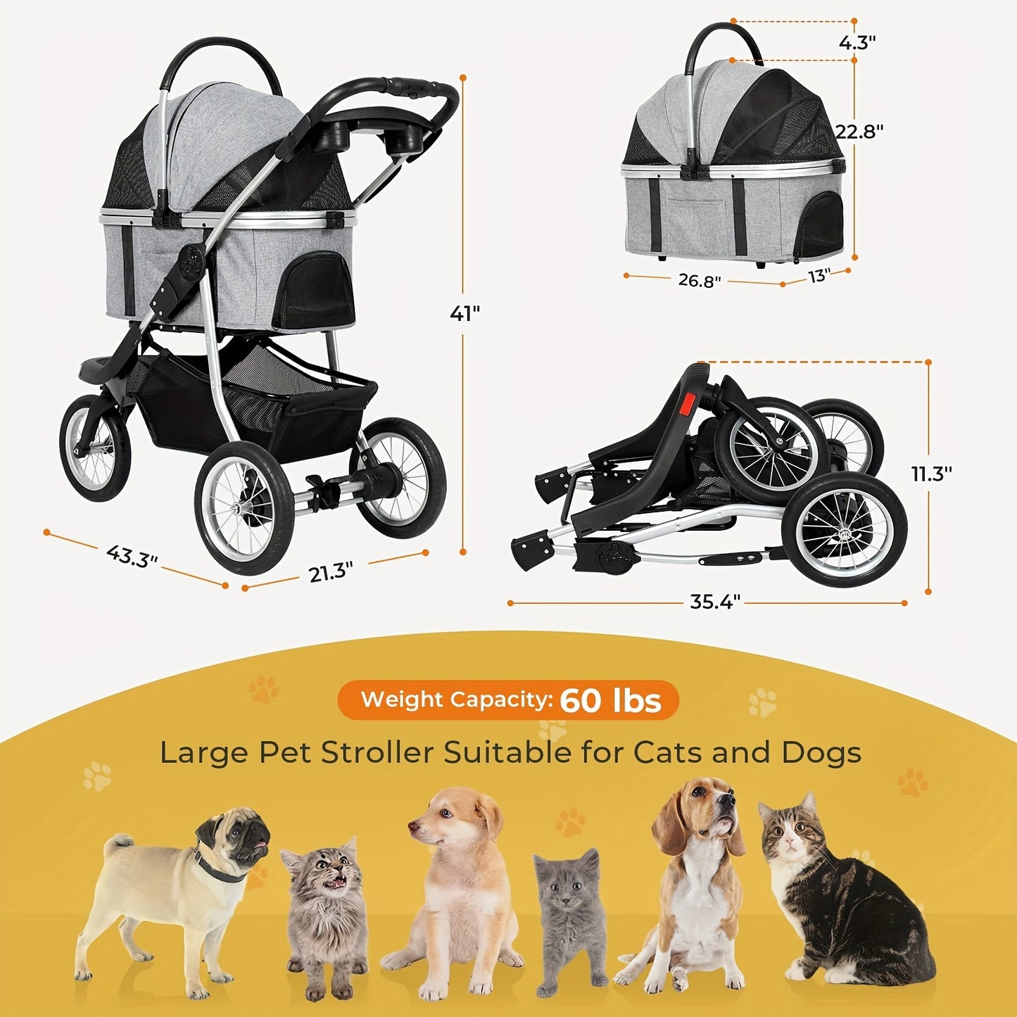 Premium 3-in-1 Pet Stroller - Large Capacity, Detachable Carrier, 3-Wheels - Perfect for Jogging,