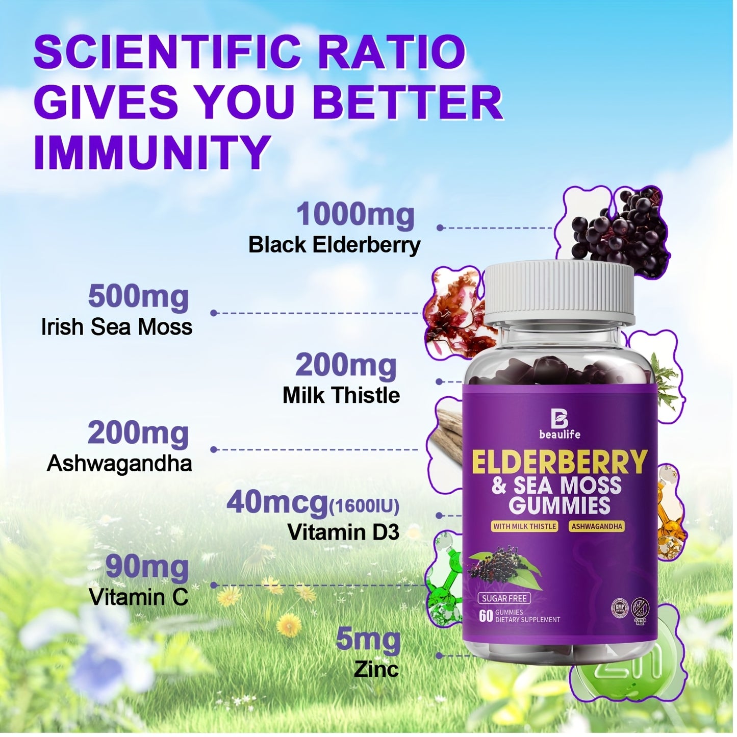 3 Bottle Elderberry & Sea Moss Gummies, Black Sambucus Elderberry with Zinc And Vitamin C, D3, Milk Thistle, Ashwagandha, Elderberry Gummy